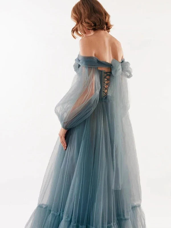 Dusty Blue maxi prom dress, alternate view showing the dress shape and hem