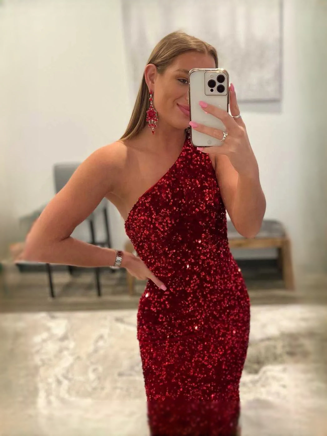 Red maxi prom dress, back view showing the rear of the dress from another angle