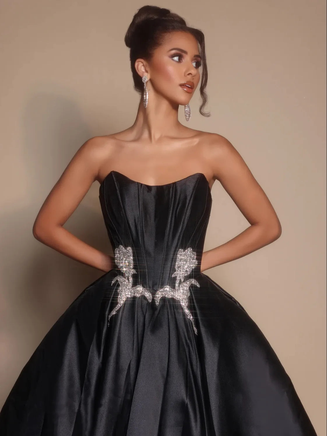 Black a-line floor-length formal dress with floral print, alternate view showing the bodice