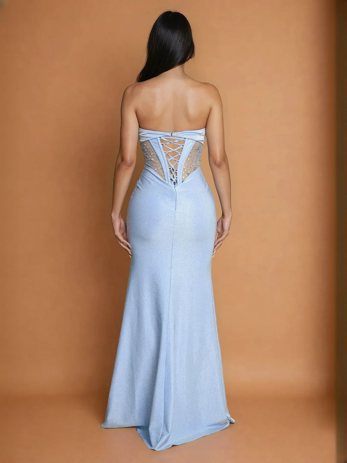 Light Blue floor-length prom dress, back view showing the rear of the dress from another angle