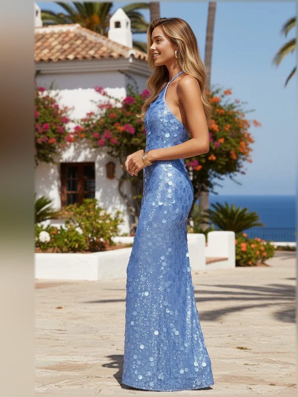 Blue mermaid floor-length formal dress with sequins, alternate view showing the bodice