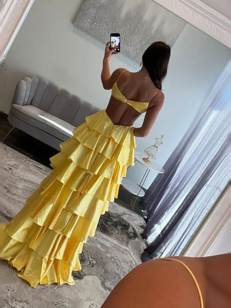 Yellow maxi prom dress, back view showing the rear of the dress from another angle