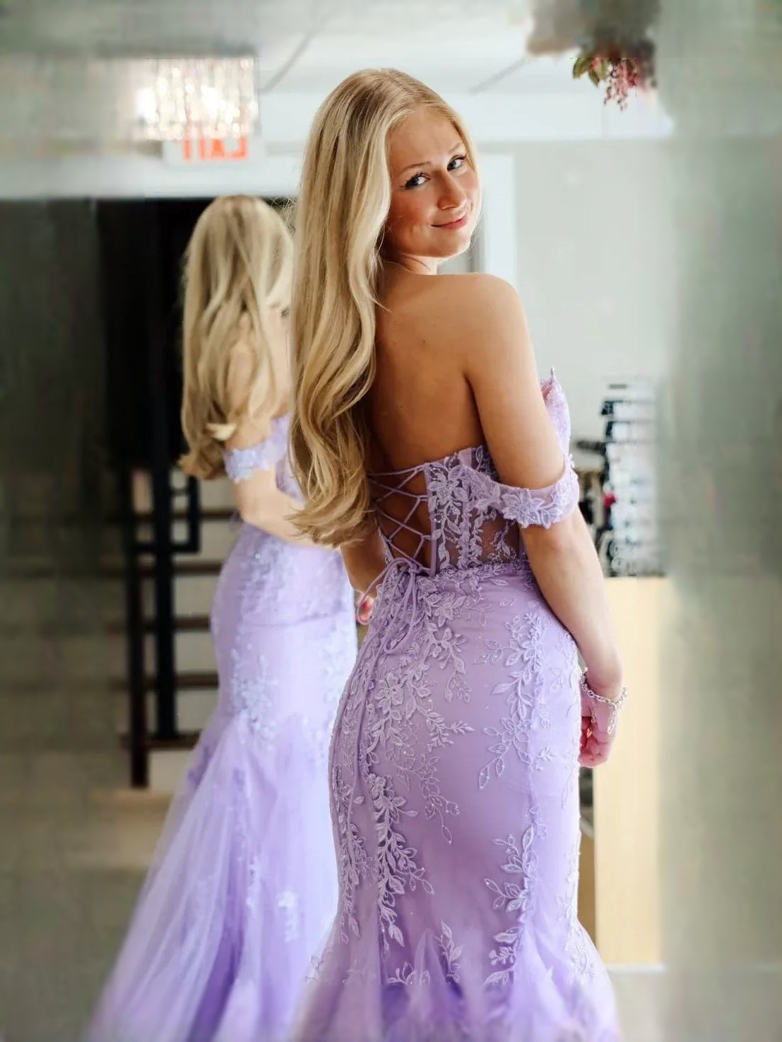 Lavender maxi prom dress, back view showing the rear of the dress from another angle