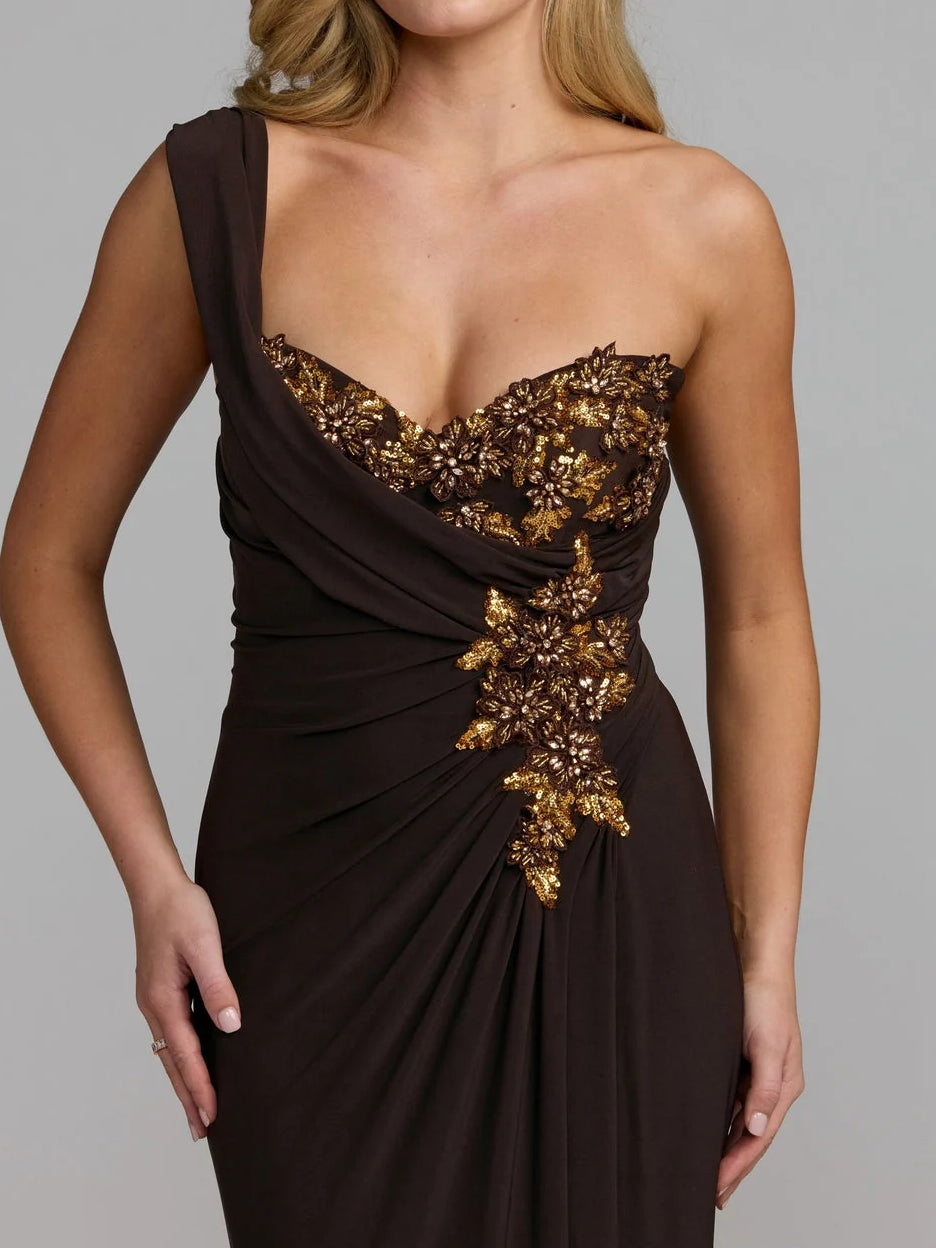 Espresso floor-length mother of the bride dress, alternate view showing the dress shape and hem