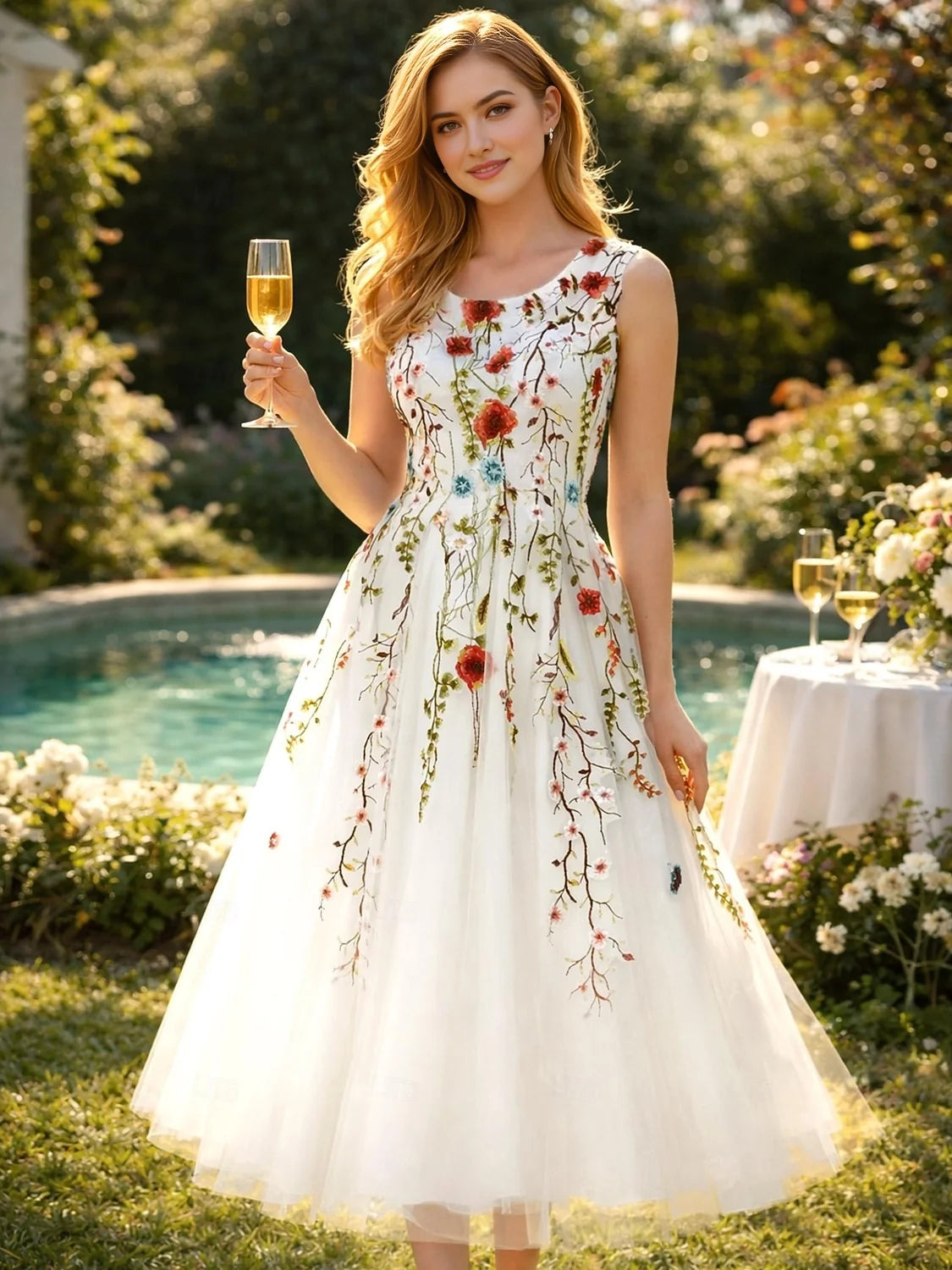 Ivory white midi prom dress, alternate view showing the dress shape and hem
