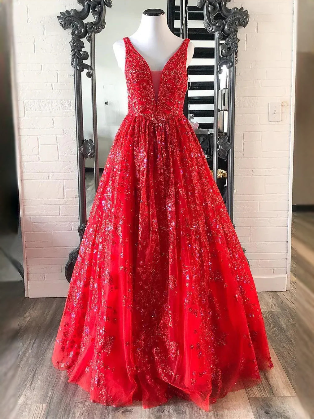 Red maxi prom dress, back view showing the rear of the dress from another angle