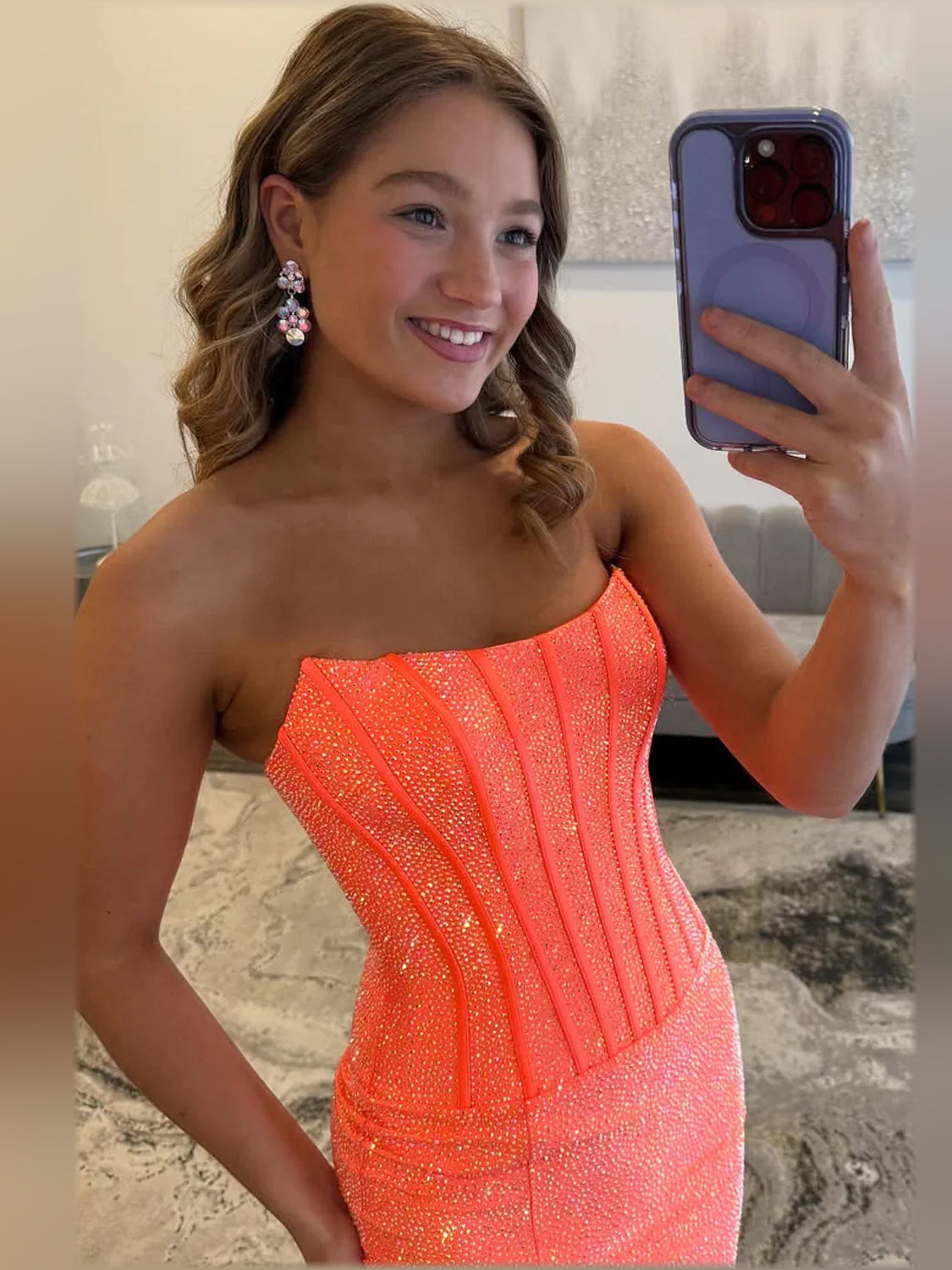 Orange mermaid floor-length formal dress with sequins, alternate view