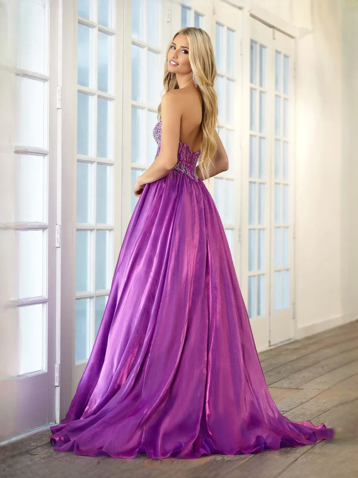 Orchid floor-length prom dress, alternate view showing the dress shape and hem
