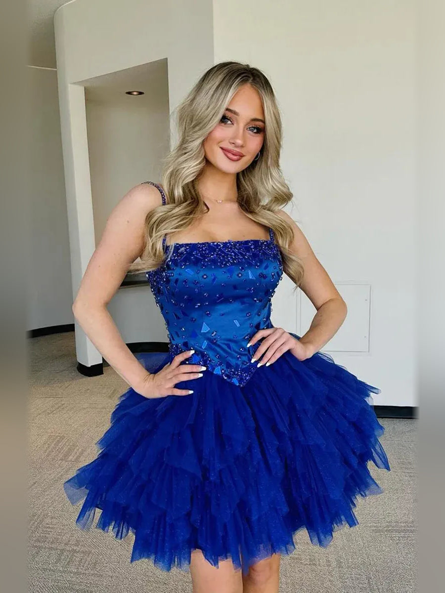 Royal Blue mini homecoming dress, alternate view showing the dress shape and hem