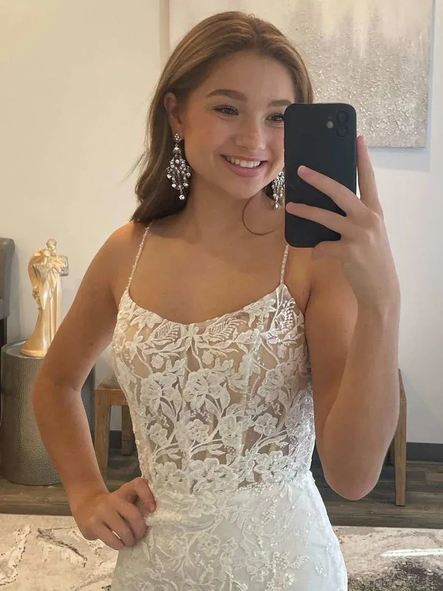 White maxi prom dress, alternate view showing the dress shape and hem
