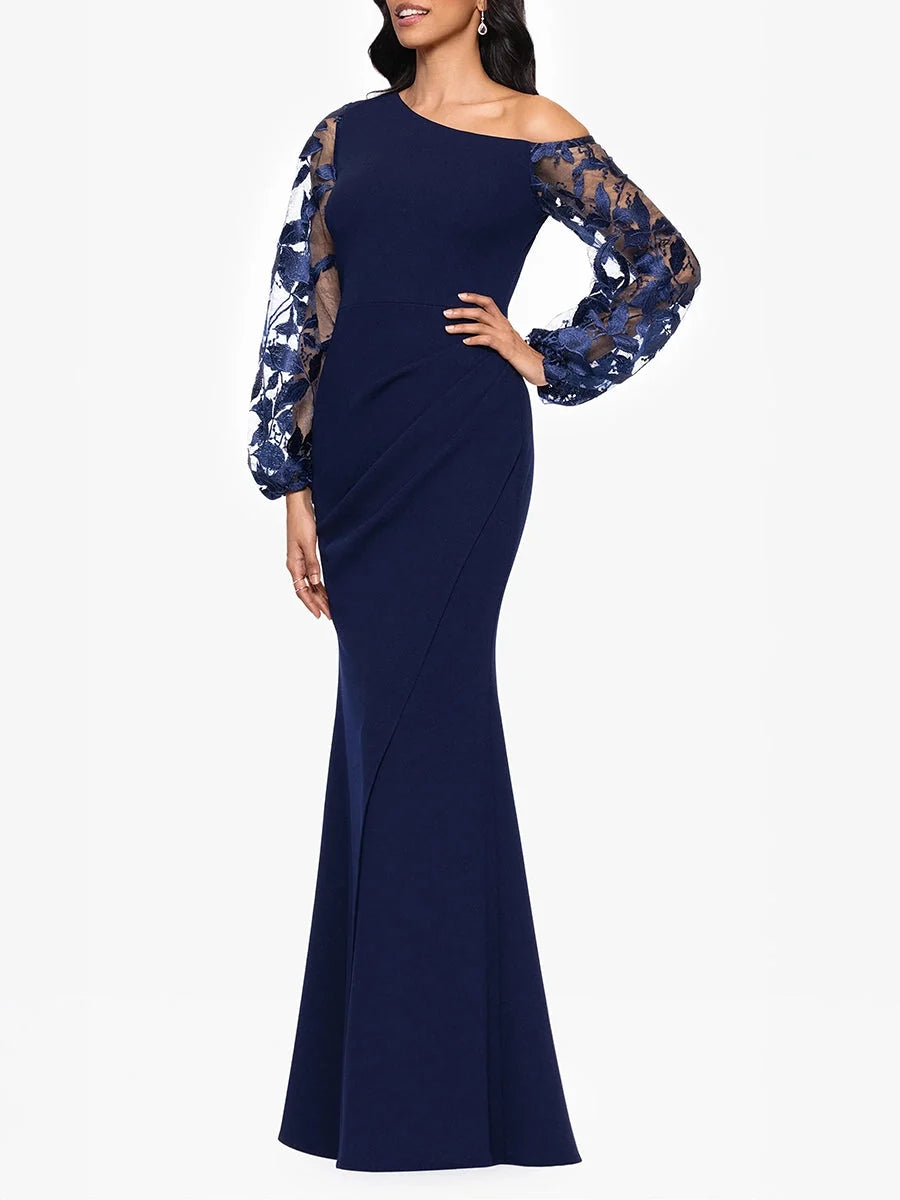 Dark Blue floor-length mother of the bride dress, alternate view showing the dress shape and hem