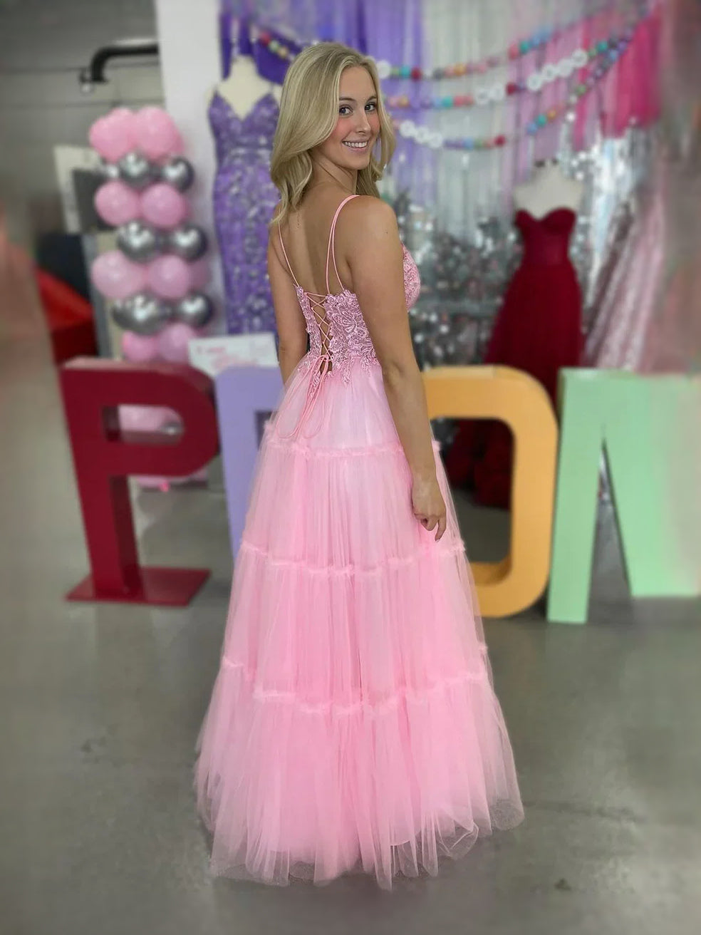 Pink maxi prom dress, alternate view showing the dress shape and hem