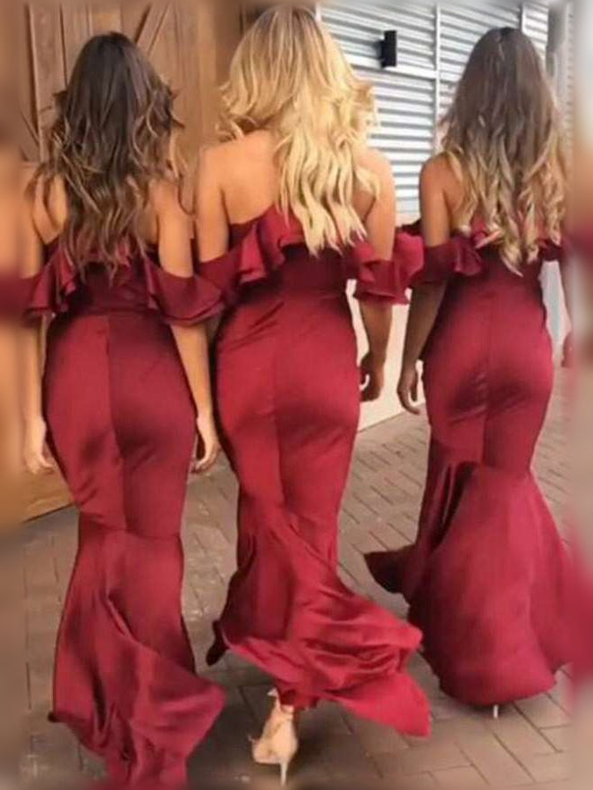 Burgundy floor-length bridesmaid dress, alternate view showing the dress shape and hem