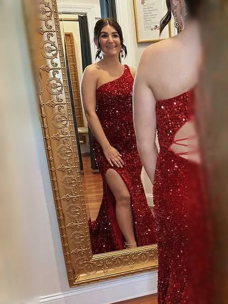 Red maxi prom dress, back view showing the rear of the dress from another angle
