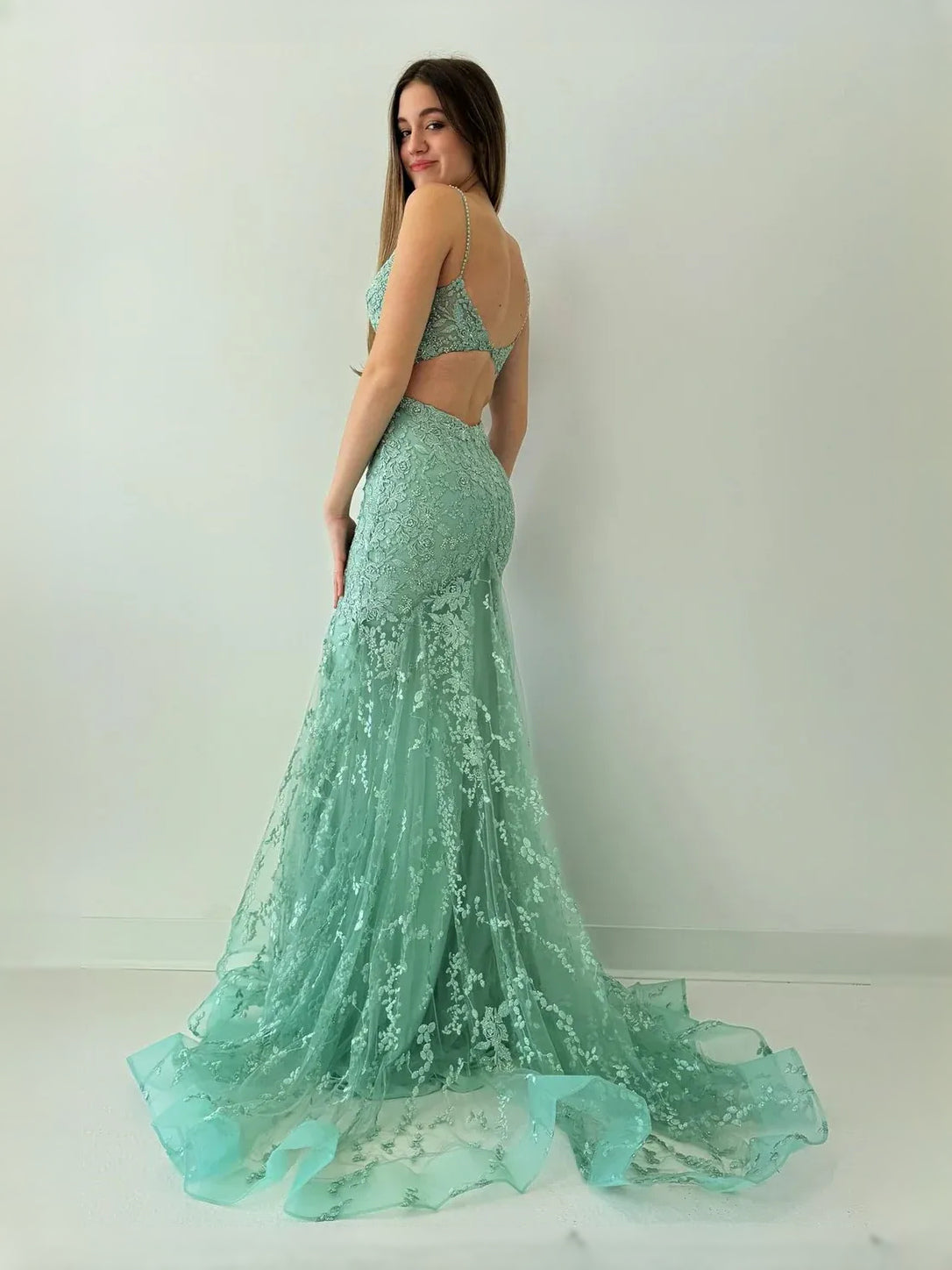Sage Green floor-length prom dress, alternate view showing the dress shape and hem