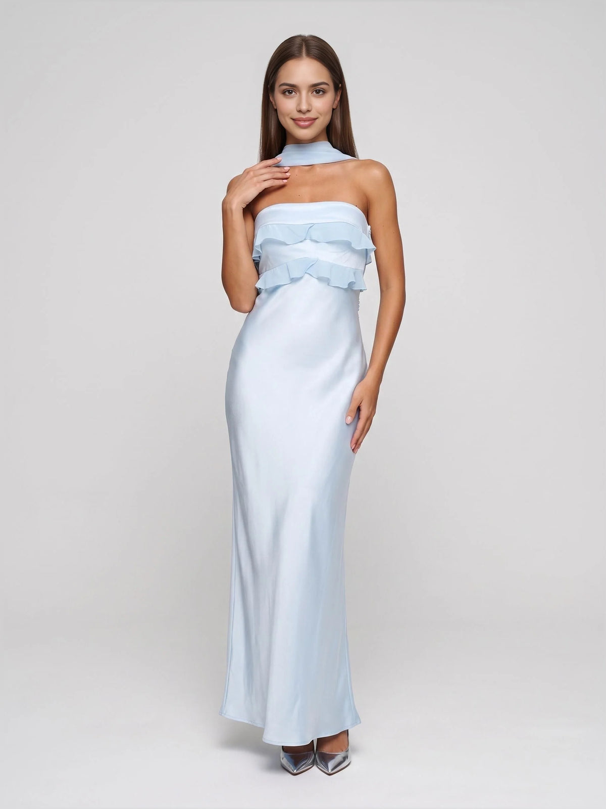 Sky Blue floor-length bridesmaid dress, alternate view showing the dress shape and hem
