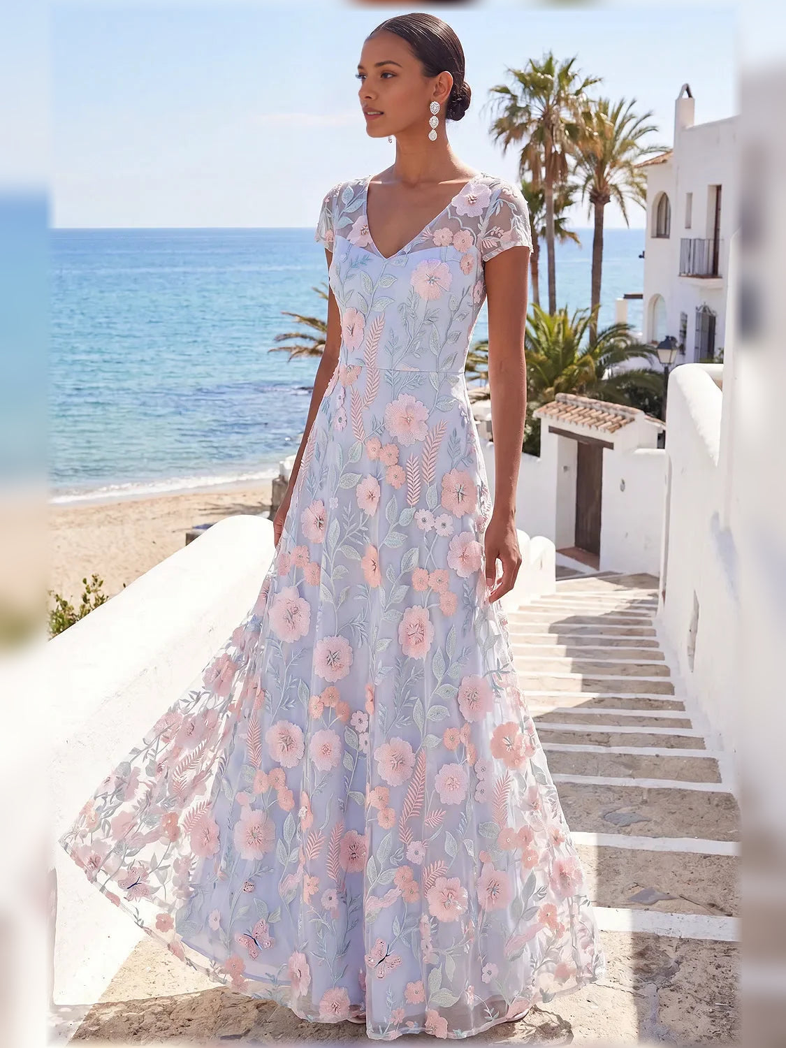 Light Blue a-line maxi formal dress with floral print, alternate view