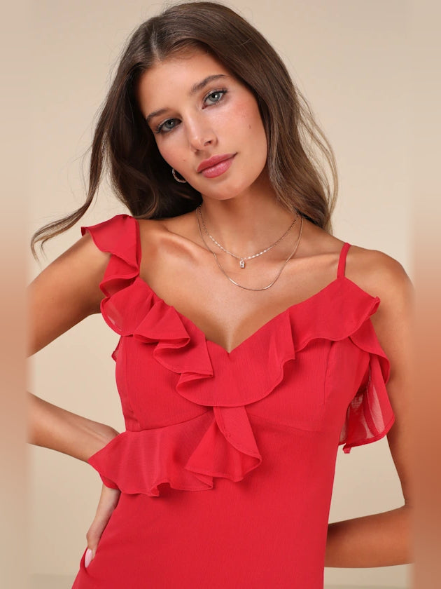 Red mini homecoming dress, alternate view showing the overall dress design