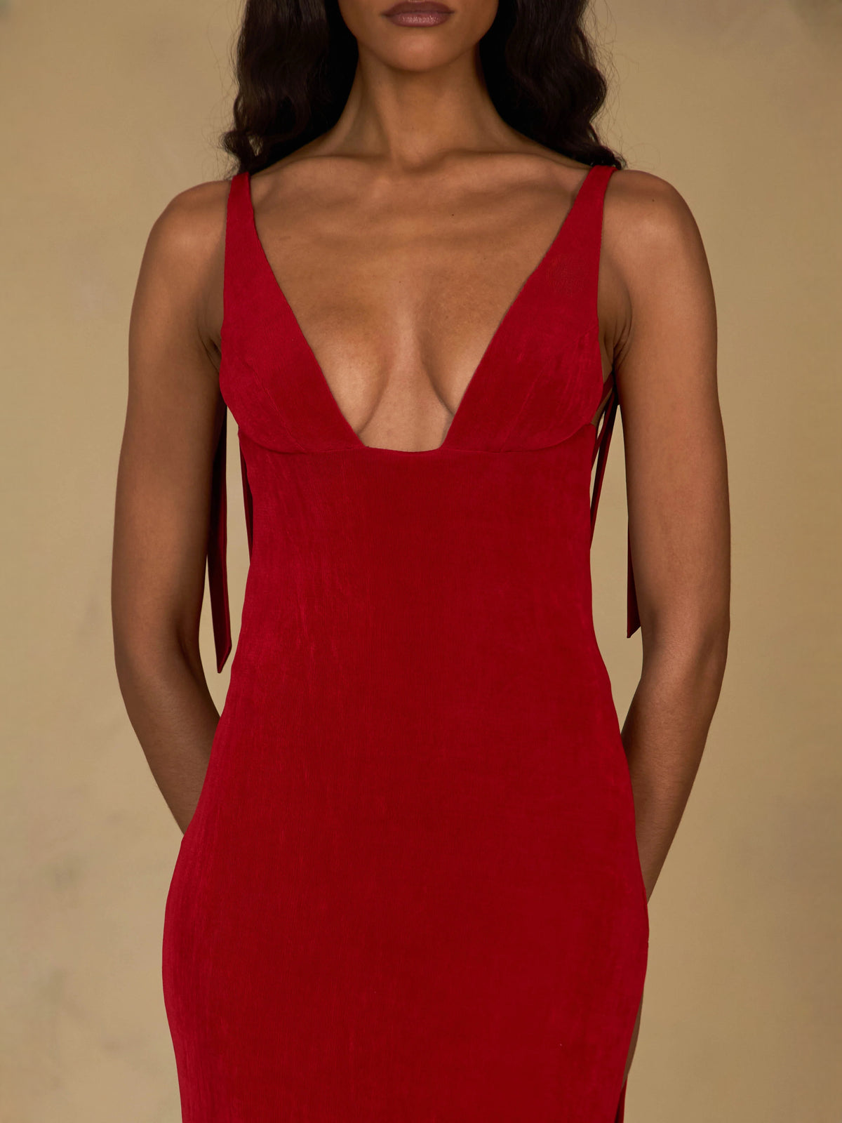 Red floor-length prom dress, alternate view showing the overall dress design