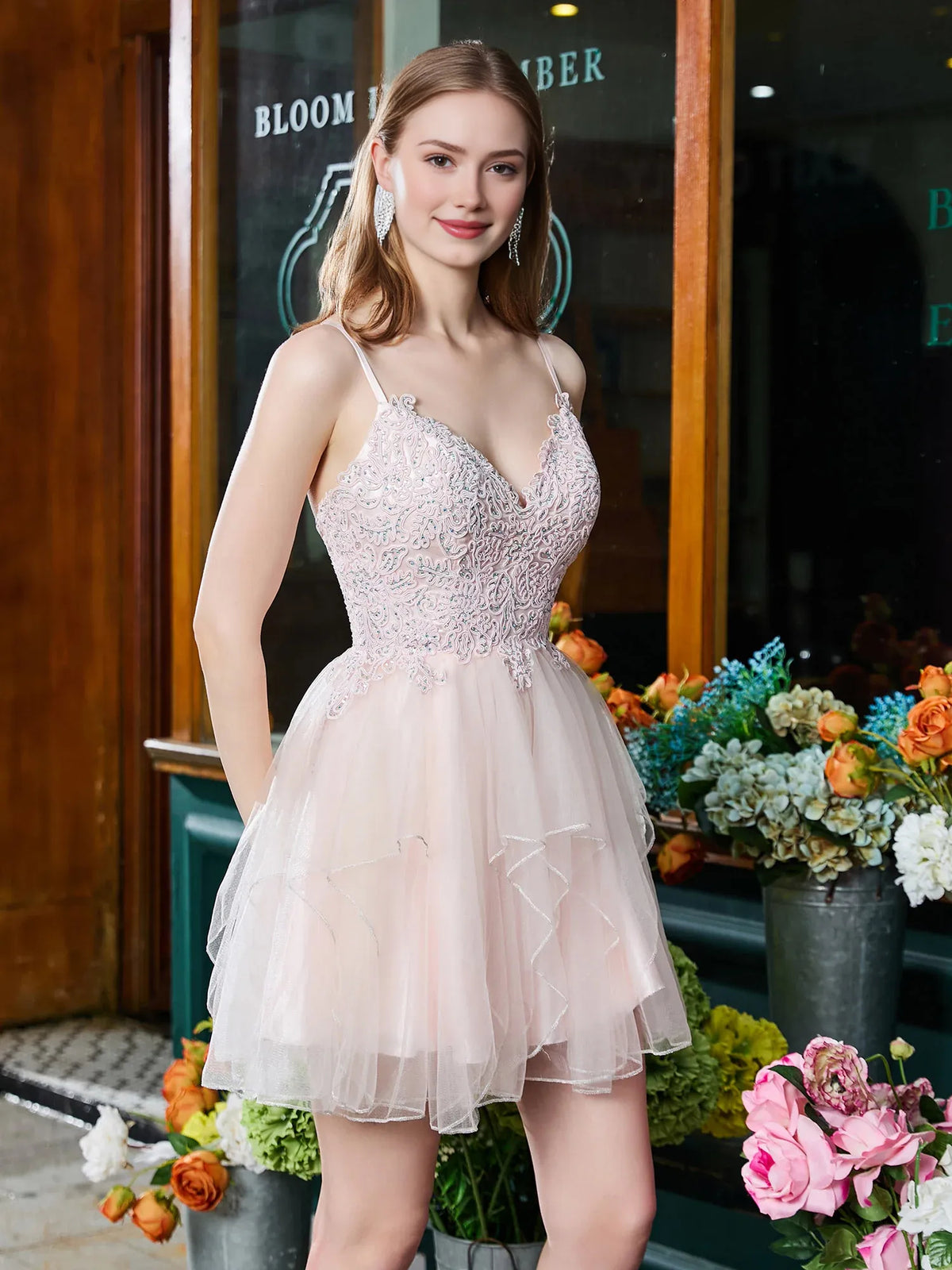 Blush Pink short homecoming dress, alternate view showing the overall dress design