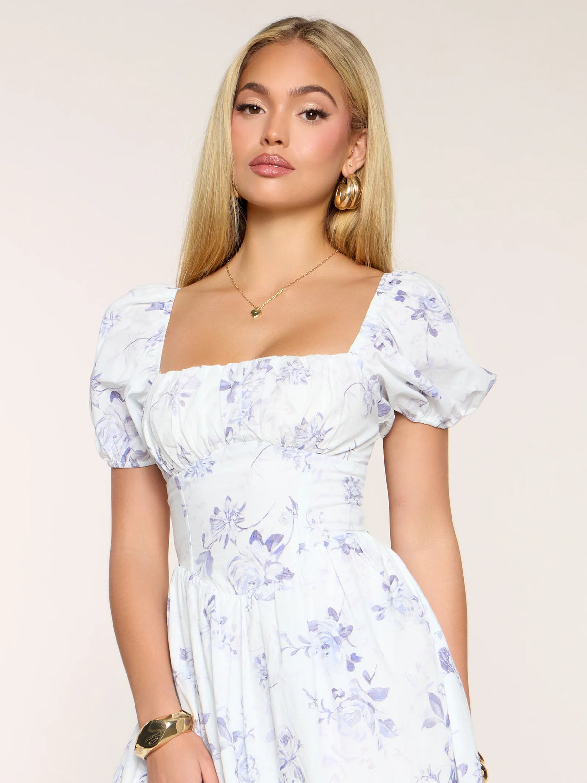 Floral midi formal dress with floral print, alternate view showing the waist
