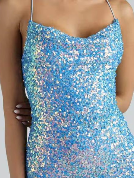 Blue mini homecoming dress, alternate view showing the overall dress design