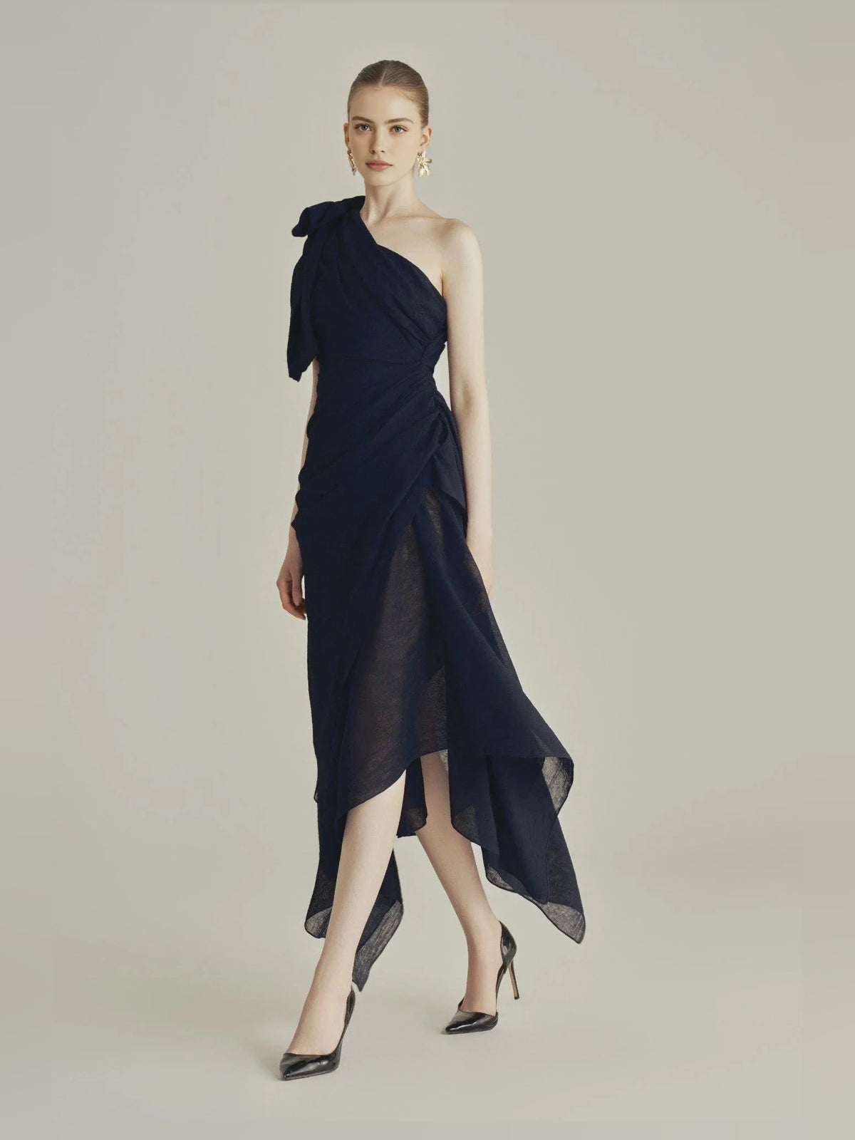 Dark Blue midi prom dress, alternate view showing the overall dress design