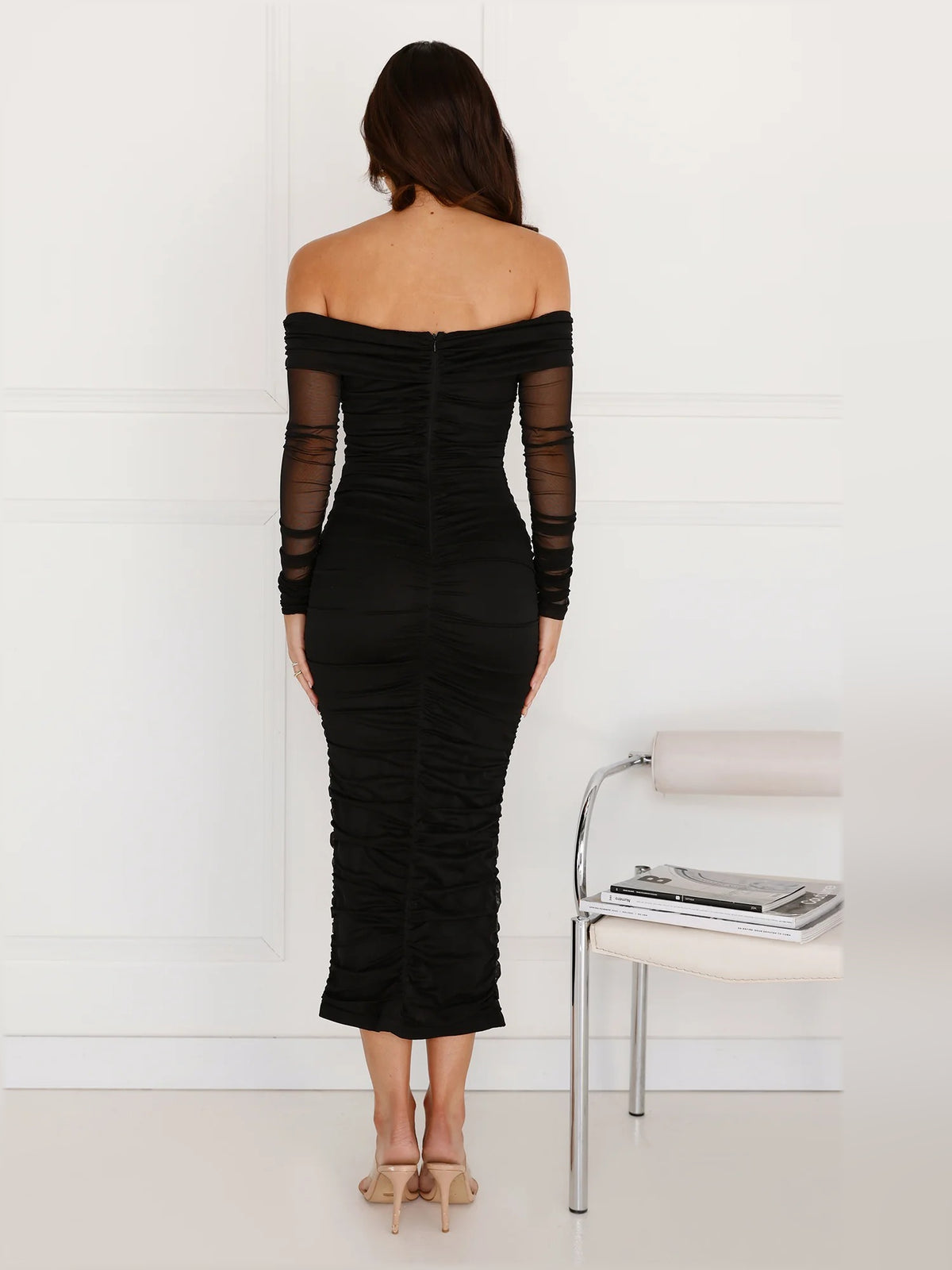 Black midi formal dress with off-the-shoulder neckline, alternate view showing the waist