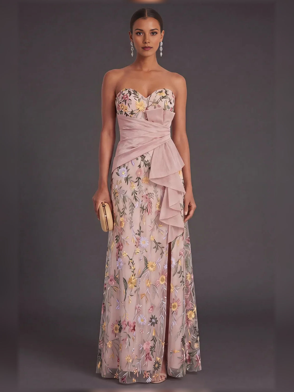 Blue column floor-length formal dress with embroidery, alternate view