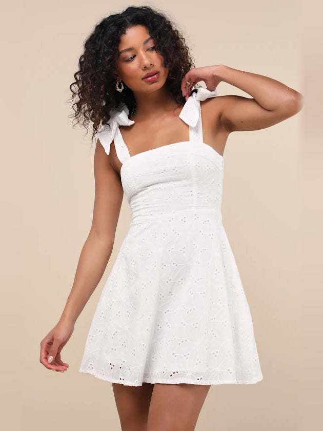 White Floral mini homecoming dress, alternate view showing the overall dress design