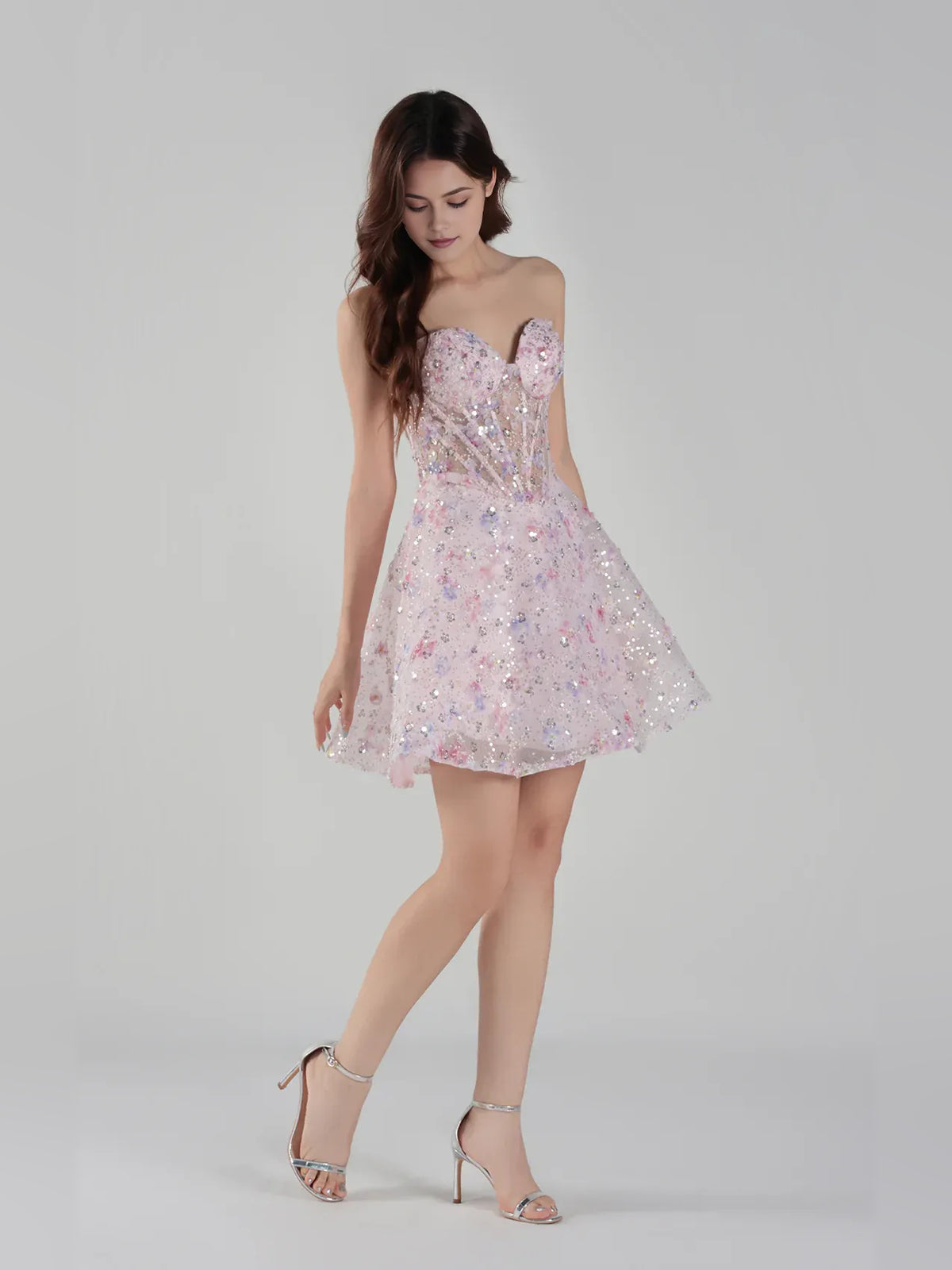 Light Pink mini homecoming dress, alternate view showing the overall dress design