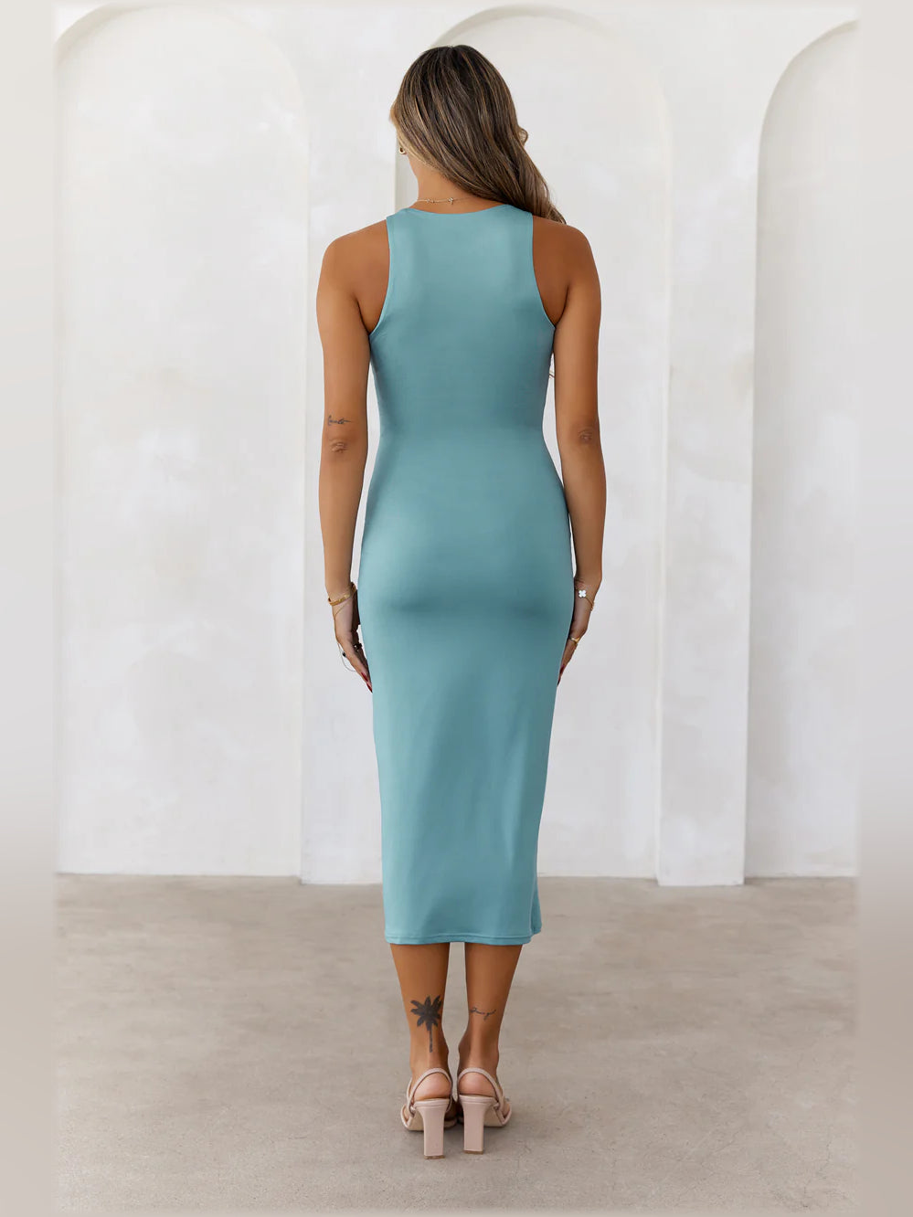 Teal midi formal dress, alternate view showing the waist