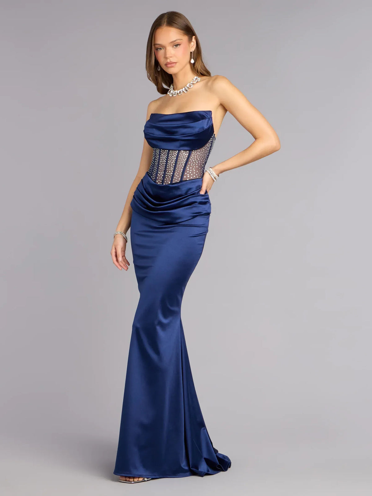 Dark Navy maxi prom dress, alternate view showing the overall dress design