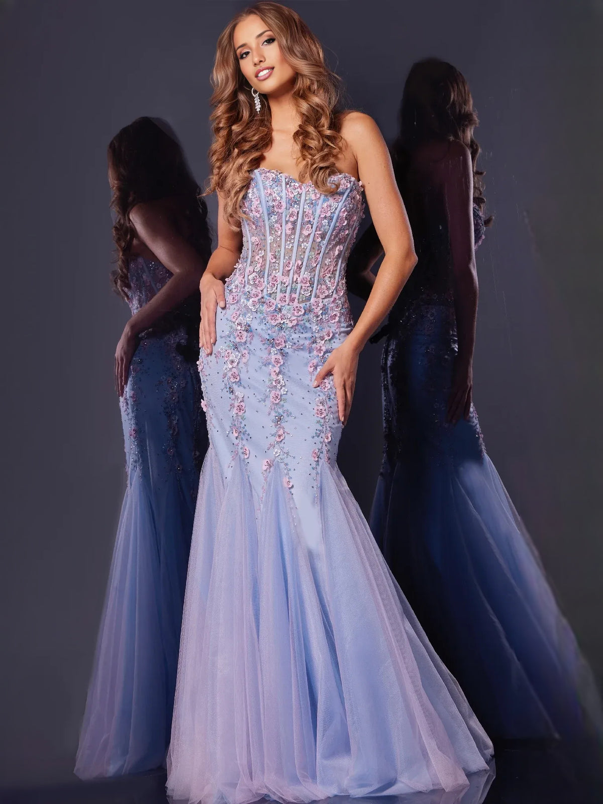Lilac mermaid floor-length formal dress with corset-style bodice, alternate view