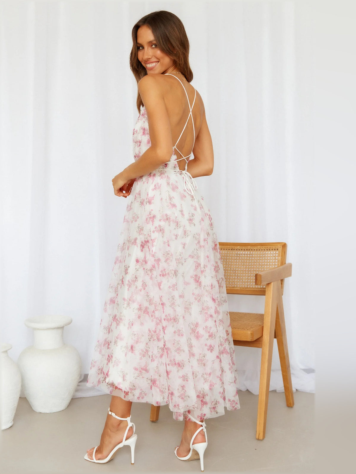 Pink midi formal dress, alternate view showing the waist