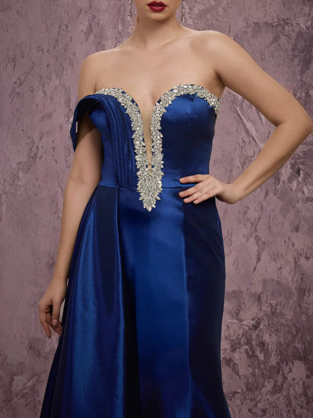 Navy Blue mermaid floor-length formal dress with beading, alternate view showing the waist