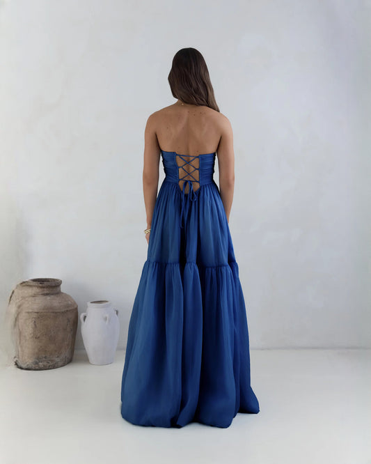 strapless satin a-line maxi bridesmaid dress - image 4