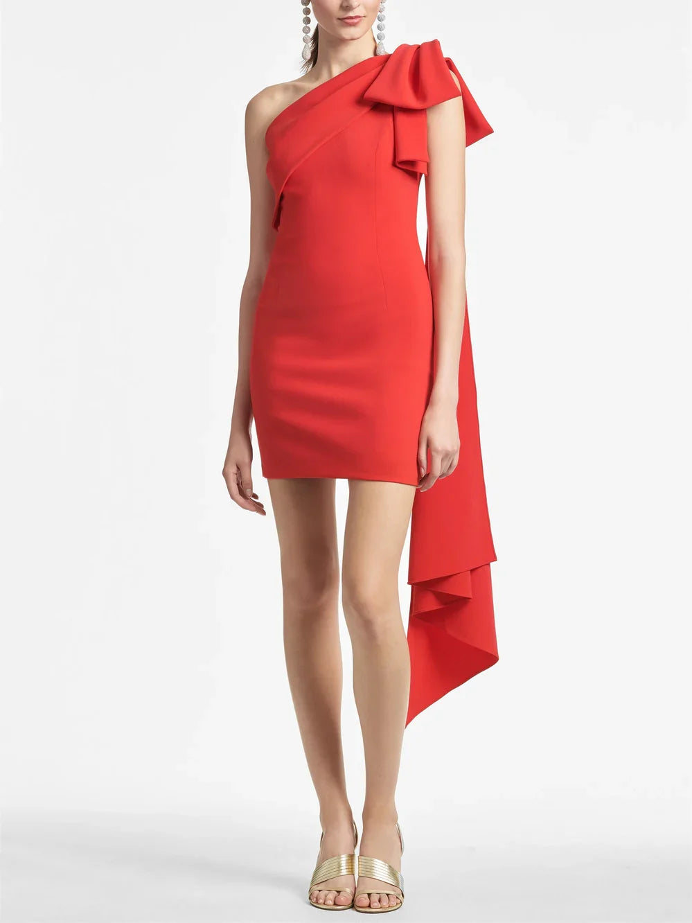 Red sheath mini formal dress with bow detail, alternate view showing the waist