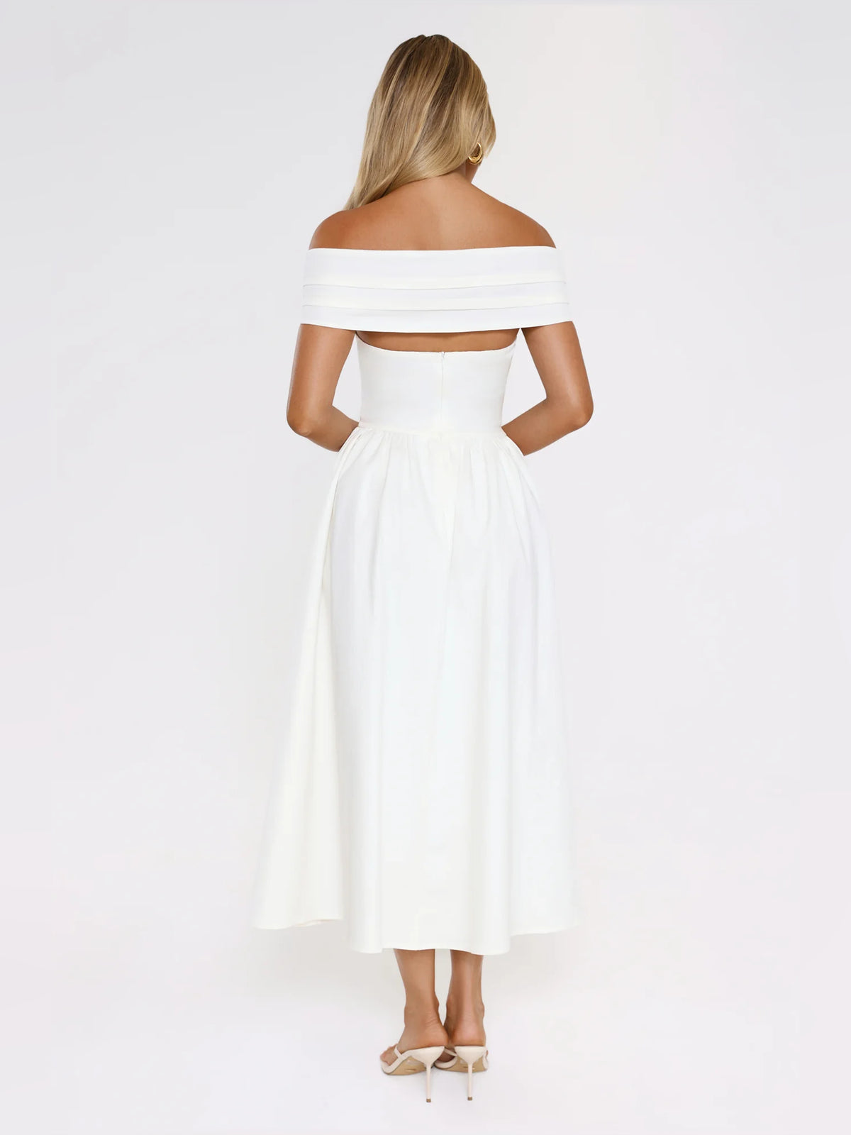 White midi formal dress with off-the-shoulder neckline, alternate view showing the waist