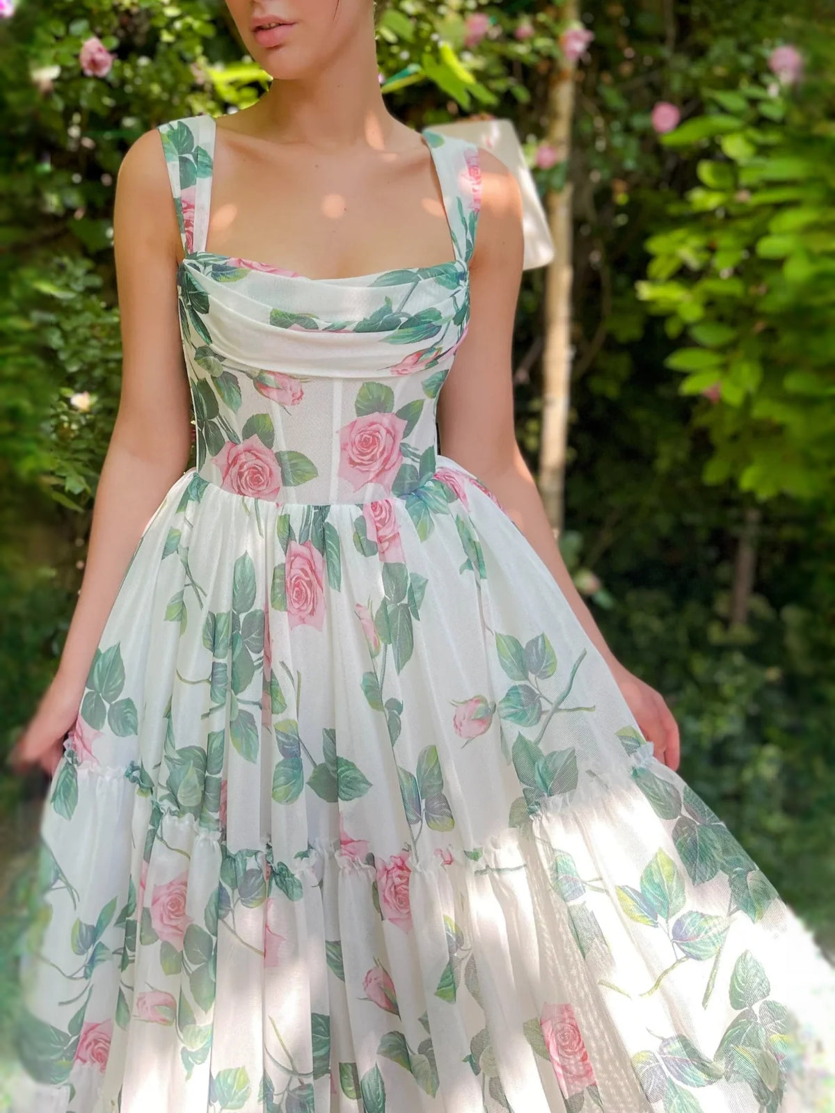 Floral maxi prom dress, alternate view showing the overall dress design