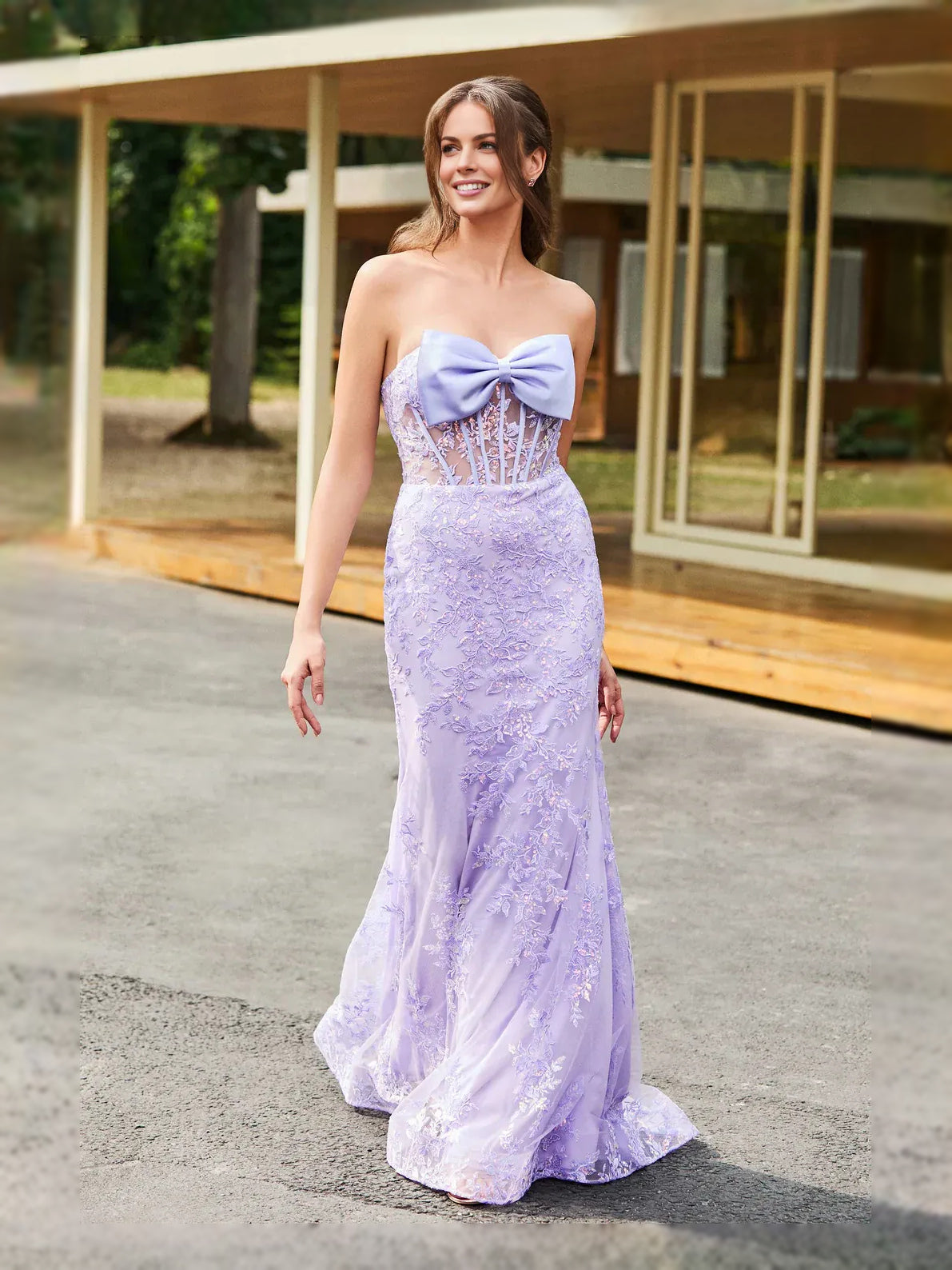 Lilac floor-length prom dress, front view showing the mermaid silhouette with the dress shown closer