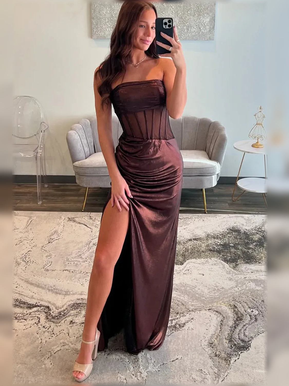 Espresso mermaid floor-length formal dress with ruching, alternate view