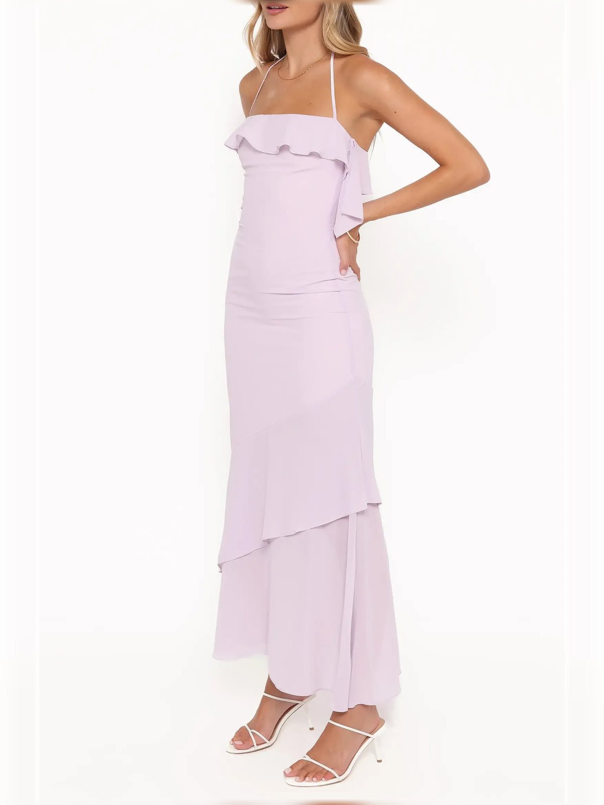 Lilac sheath midi formal dress with ruffle details, alternate view showing the waist
