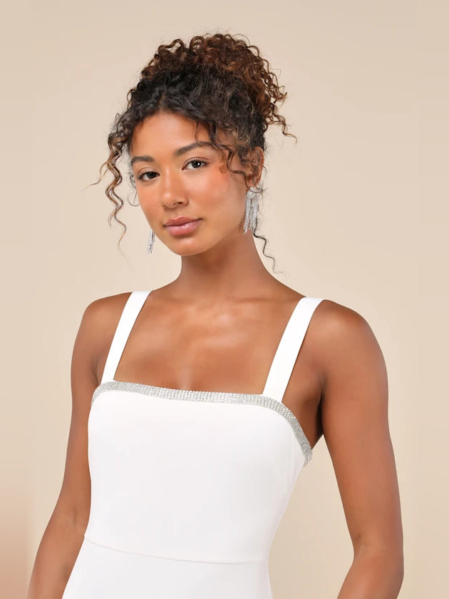 White mini homecoming dress, alternate view showing the overall dress design