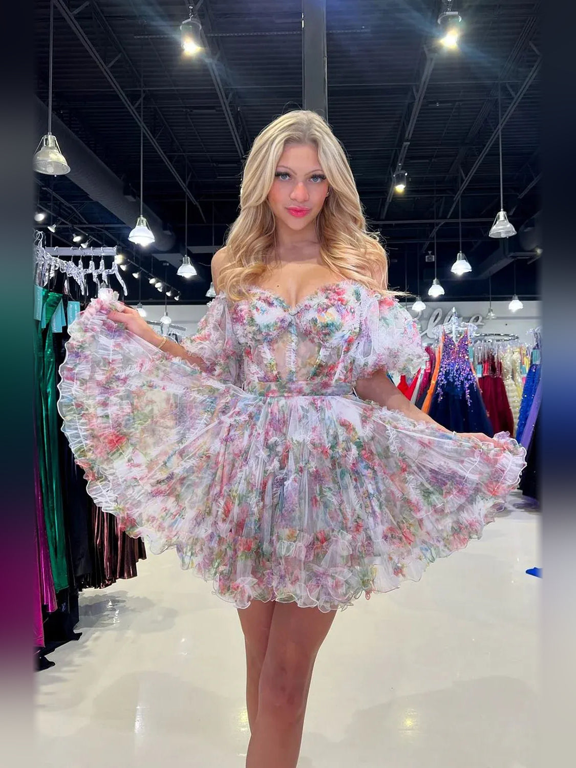 Floral mini homecoming dress, alternate view showing the overall dress design