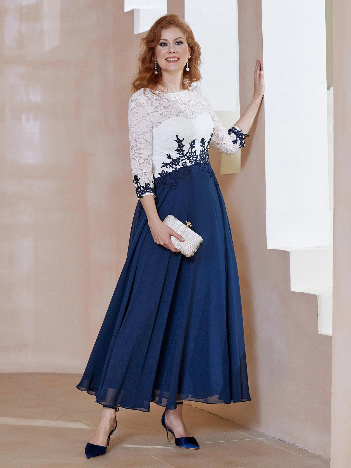 Dark Navy a-line ankle-length formal dress with floral appliqué, alternate view showing the waist