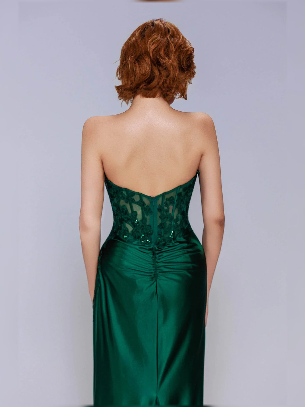 Peacock sheath floor-length formal dress with corset-style bodice, alternate view