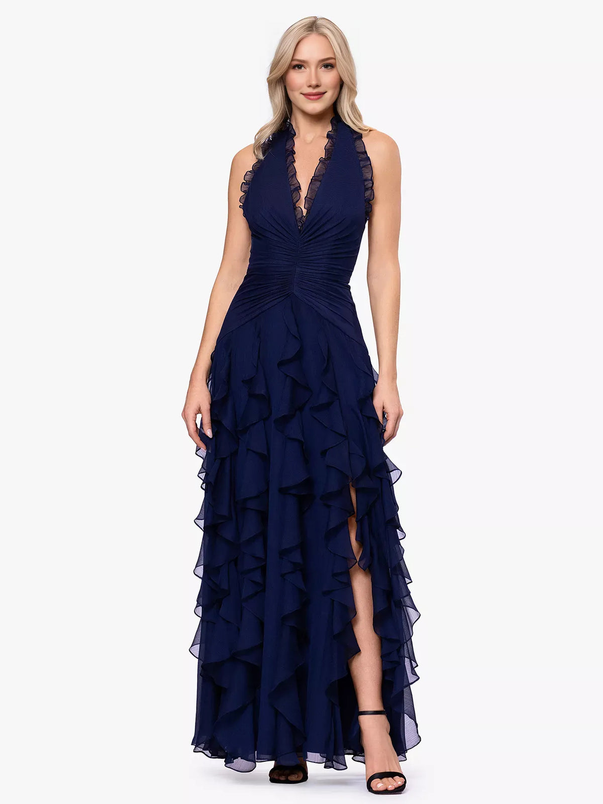 Navy Blue a-line floor-length formal dress with tiered skirt, alternate view