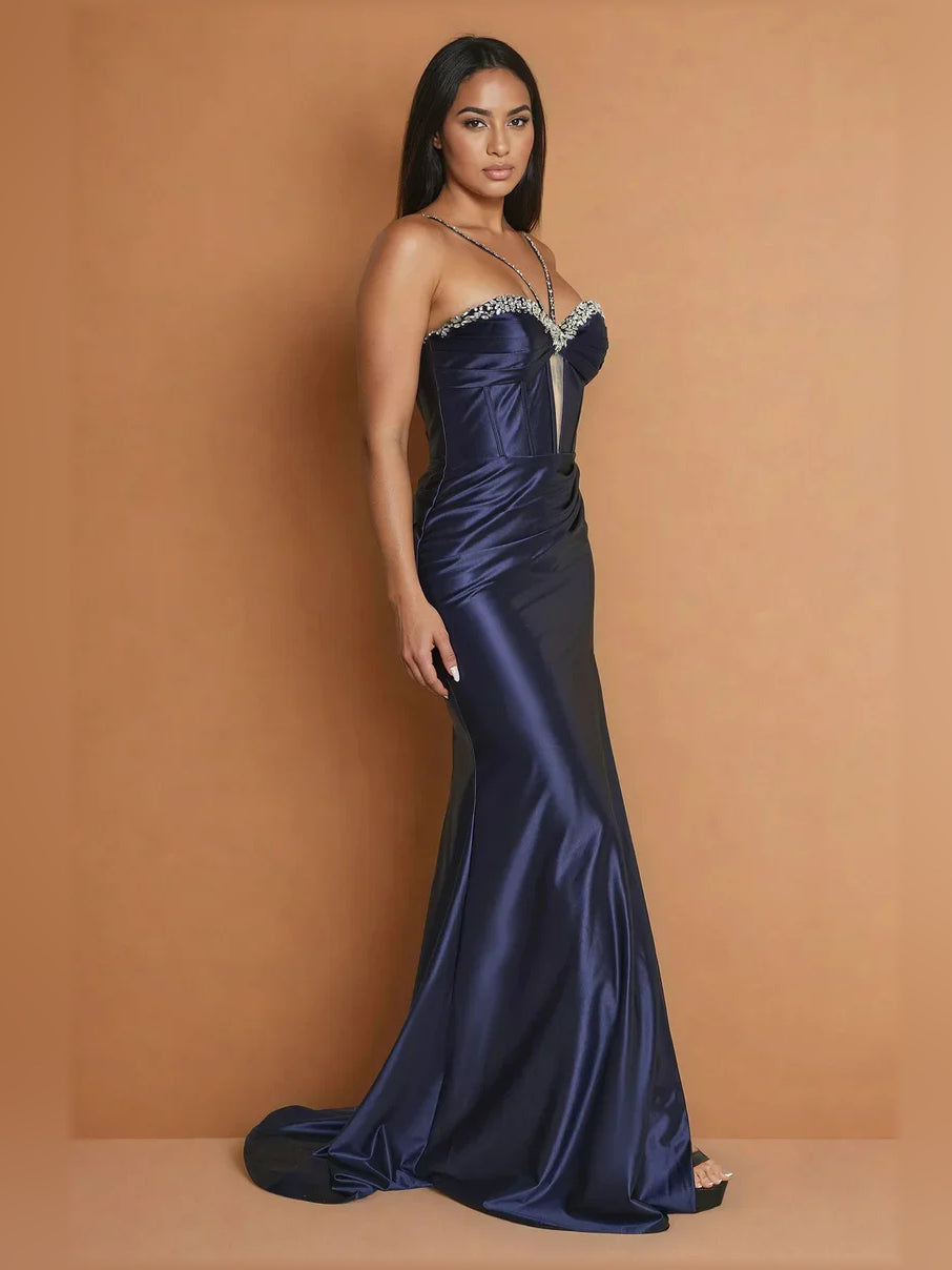 Dark Navy mermaid floor-length formal dress with skirt slit, alternate view