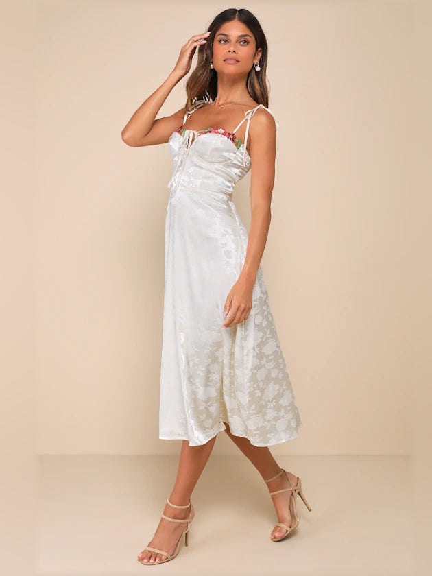 Cream midi formal dress with embroidery, alternate view showing the waist